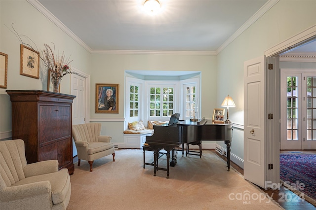 living area featuring crown molding, carpet flooring, and a healthy amount of sunlight