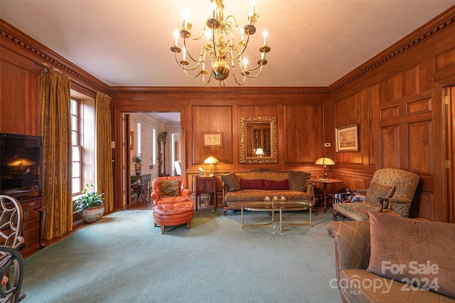 living room with ornamental molding, carpet floors, and a notable chandelier