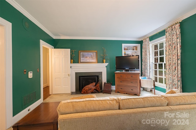 living room with crown molding and hardwood / wood-style floors