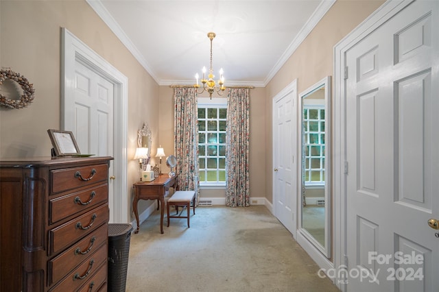 interior space featuring light colored carpet, a chandelier, and ornamental molding