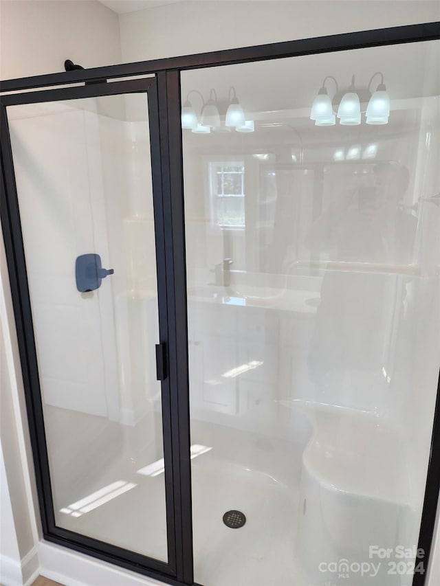 bathroom with a shower with shower door