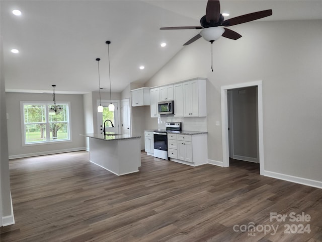 kitchen with stainless steel appliances, an island with sink, dark hardwood / wood-style floors, and white cabinets