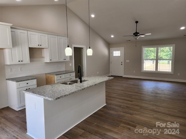 kitchen with sink, white cabinets, light stone counters, and dark hardwood / wood-style flooring