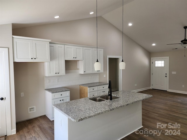 kitchen with white cabinets, a kitchen island with sink, sink, and dark wood-type flooring