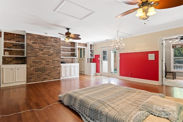 bedroom featuring ceiling fan, brick wall, and ornamental molding