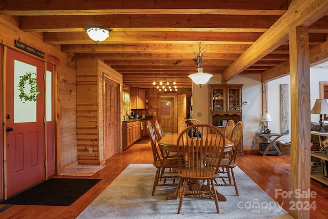 dining area with dark hardwood / wood-style flooring, beam ceiling, and wooden walls