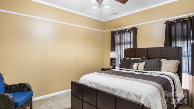 carpeted bedroom featuring ornamental molding