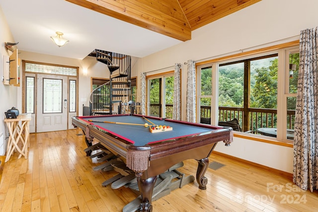 recreation room with vaulted ceiling, pool table, and light wood-type flooring