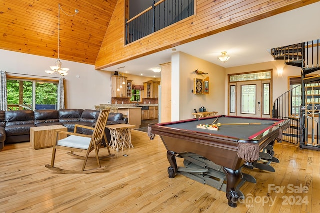 recreation room featuring high vaulted ceiling, pool table, light hardwood / wood-style flooring, and wood ceiling