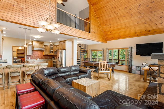 living room with wooden ceiling, high vaulted ceiling, light wood-type flooring, billiards, and a chandelier