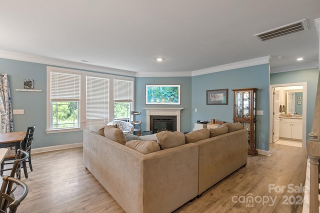 living room with light hardwood / wood-style flooring and ornamental molding