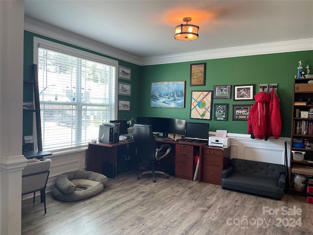 home office with crown molding and light wood-type flooring