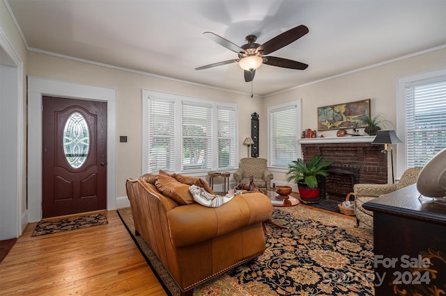 living room with crown molding, a healthy amount of sunlight, and light hardwood / wood-style floors