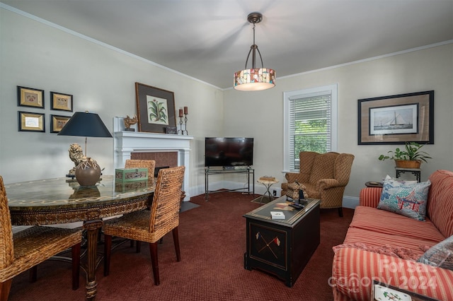 carpeted living room with crown molding