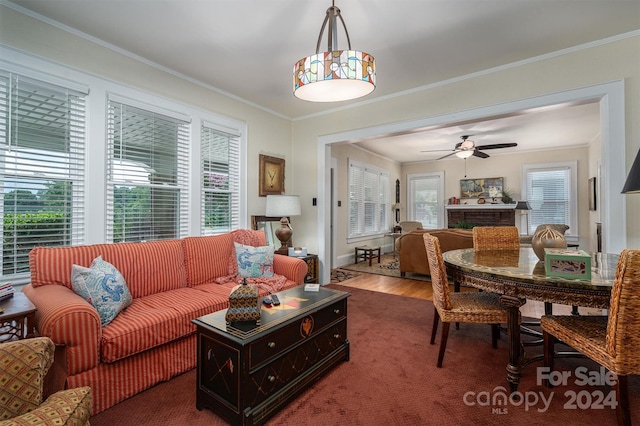 living room featuring ceiling fan, carpet, plenty of natural light, and crown molding