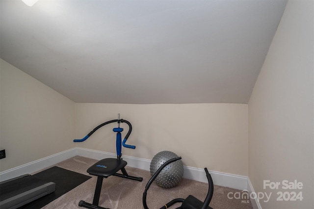 workout area featuring vaulted ceiling and carpet flooring