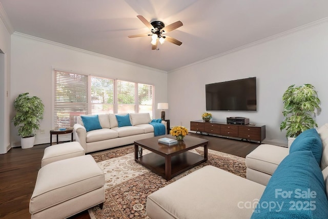 living room with ceiling fan, crown molding, and wood-type flooring