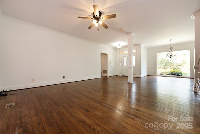 unfurnished living room featuring ceiling fan, dark wood-type flooring, and crown molding