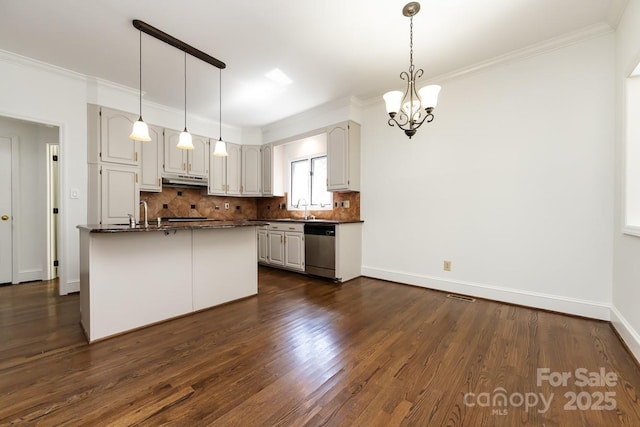 kitchen featuring decorative backsplash, stainless steel dishwasher, dark hardwood / wood-style flooring, and crown molding