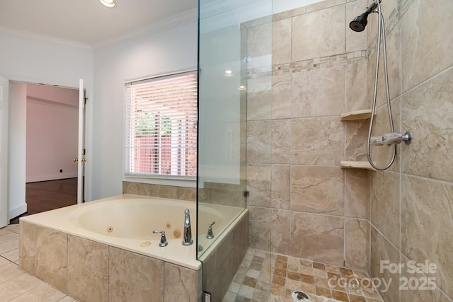 bathroom with tile patterned flooring, crown molding, and plus walk in shower