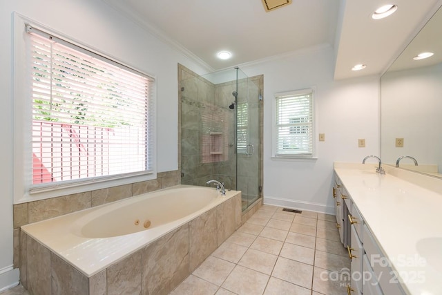 bathroom featuring ornamental molding, tile patterned flooring, separate shower and tub, and vanity