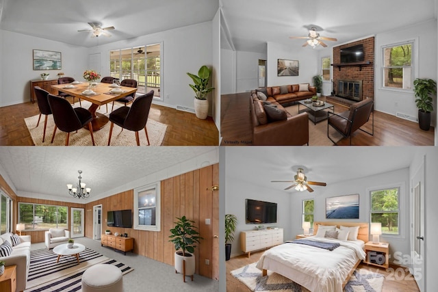 not applicable space featuring ceiling fan with notable chandelier, a brick fireplace, a wealth of natural light, and wooden walls