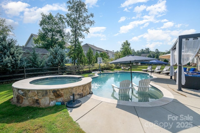 view of pool with a diving board, a patio area, and an in ground hot tub