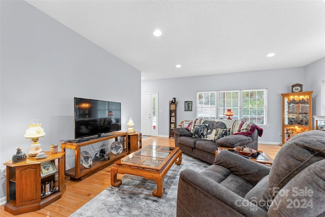 living room with a textured ceiling and light hardwood / wood-style flooring