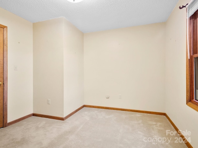 spare room with light colored carpet and a textured ceiling