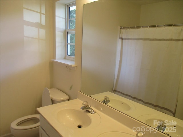 bathroom featuring vanity, toilet, and walk in shower