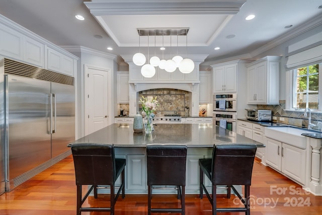 kitchen featuring stainless steel appliances, a raised ceiling, a spacious island, decorative light fixtures, and white cabinets