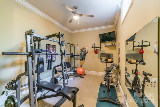 exercise room with carpet floors, baseboards, a ceiling fan, and crown molding