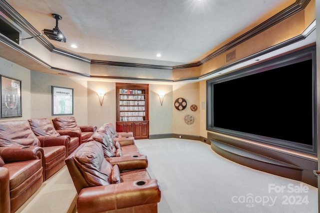 home theater featuring recessed lighting, a ceiling fan, baseboards, carpet, and crown molding