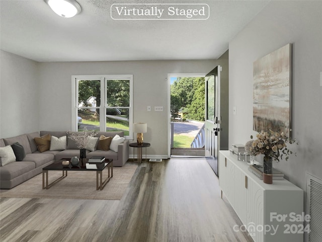 living room with a textured ceiling, light hardwood / wood-style floors, and a healthy amount of sunlight