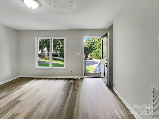 spare room with a textured ceiling, hardwood / wood-style floors, and plenty of natural light