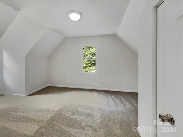 bonus room featuring a textured ceiling, vaulted ceiling, and carpet flooring