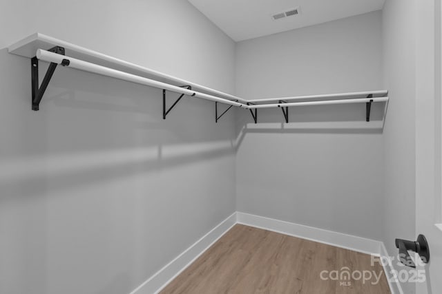 walk in closet with light hardwood / wood-style flooring