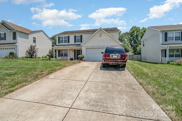 front facade with a garage, covered porch, and a front lawn