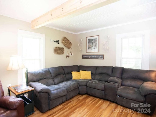 living room featuring ornamental molding, light wood-type flooring, and beamed ceiling