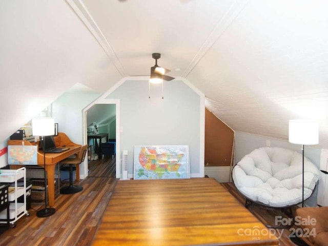 additional living space featuring lofted ceiling, ceiling fan, and dark wood-type flooring