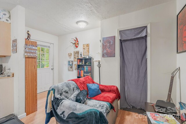 living room with hardwood / wood-style floors and a textured ceiling