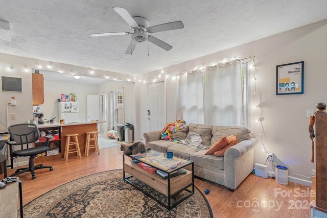 living room featuring plenty of natural light, a textured ceiling, ceiling fan, and light hardwood / wood-style floors