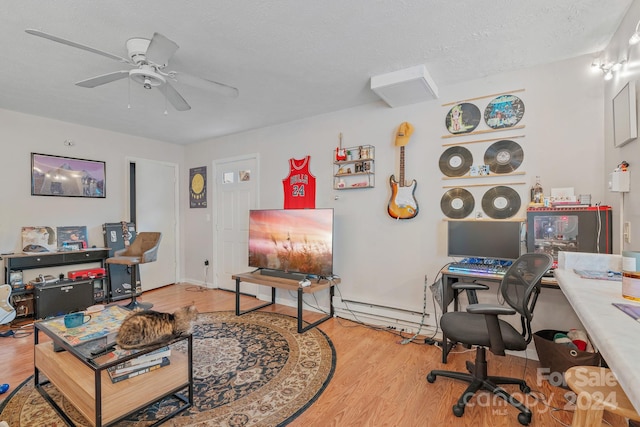 office space with light hardwood / wood-style flooring, a textured ceiling, and ceiling fan