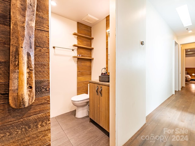 bathroom with toilet, a skylight, and vanity