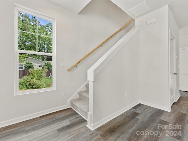 stairs with hardwood / wood-style floors and a healthy amount of sunlight