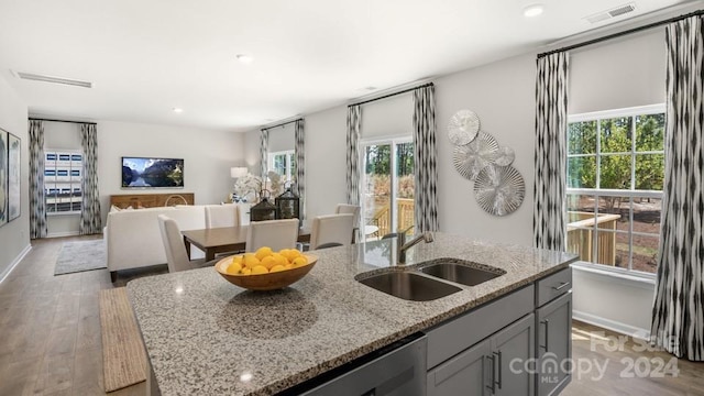 kitchen with light stone countertops, a healthy amount of sunlight, gray cabinetry, and sink