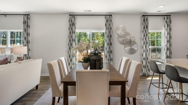 dining area featuring dark wood-type flooring