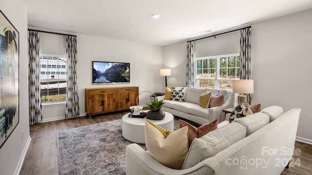 living room with a wealth of natural light and dark hardwood / wood-style floors