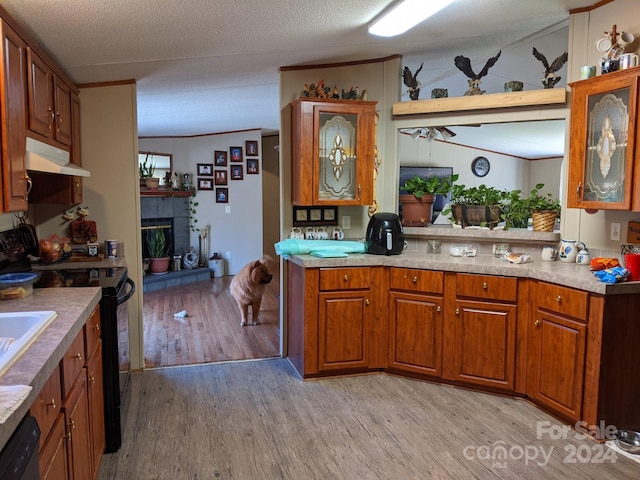 kitchen with black appliances, light wood-type flooring, a tile fireplace, and a textured ceiling