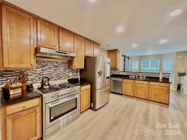 kitchen with kitchen peninsula, light hardwood / wood-style flooring, stainless steel appliances, and tasteful backsplash